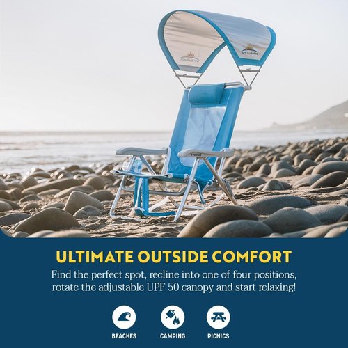 GCI Outdoor Beach Chair - Reclining Sunshade Backpack Chair with Durable Armrests & Drink Holder | Saybrook Blue
