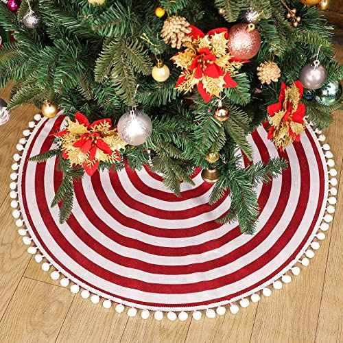 HOHOTIME Christmas Tree Skirt, Red White Annual Rings 30 Inch Tree Skirt with Pom Pom Trim for Holiday Party Xmas Natural Rustic Tree Skirt for Holiday Home Decor