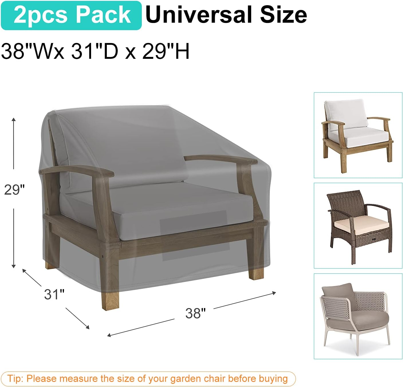 Patio Chair Covers - Waterproof 600D Heavy Duty Oxford Cloth | 2 Pack for Large Lounge Chairs, Black 38" W x 31" D x 29" H
