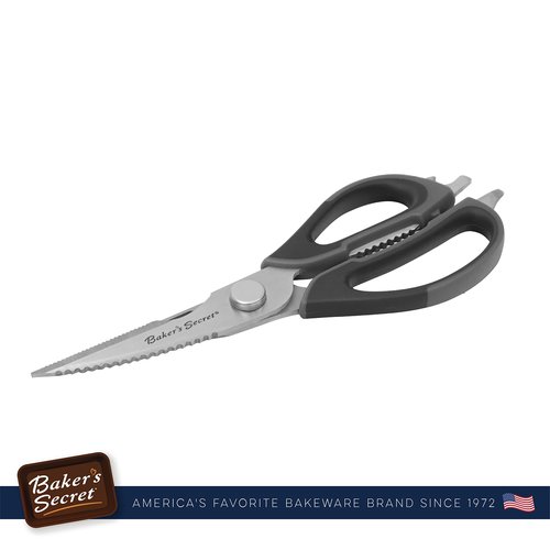 Baker's Secret - All Purpose Kitchen Scissors, 8.5" Stainless Steel with Nut Cracker feature, Bottle Opener, Kitchen Shears, Dishwasher Safe - Black Handle