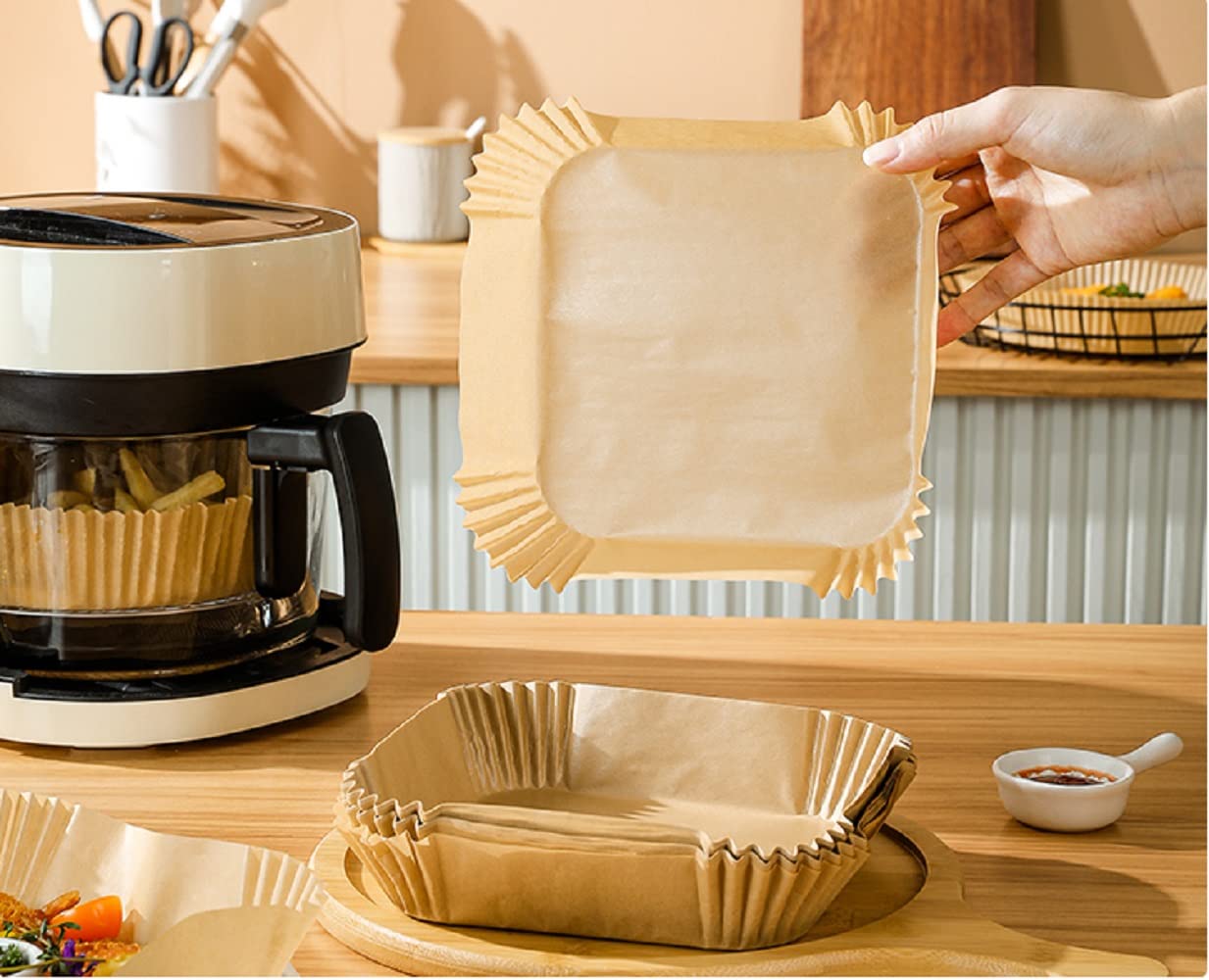 Air Fryer Liners Disposable 120PCS, 7.9 Inch Square Non-Stick Parchment Paper Baking Liners for Most Air Fryers, Food Grade Greaseproof Basket Sheets for Easy Cleanup