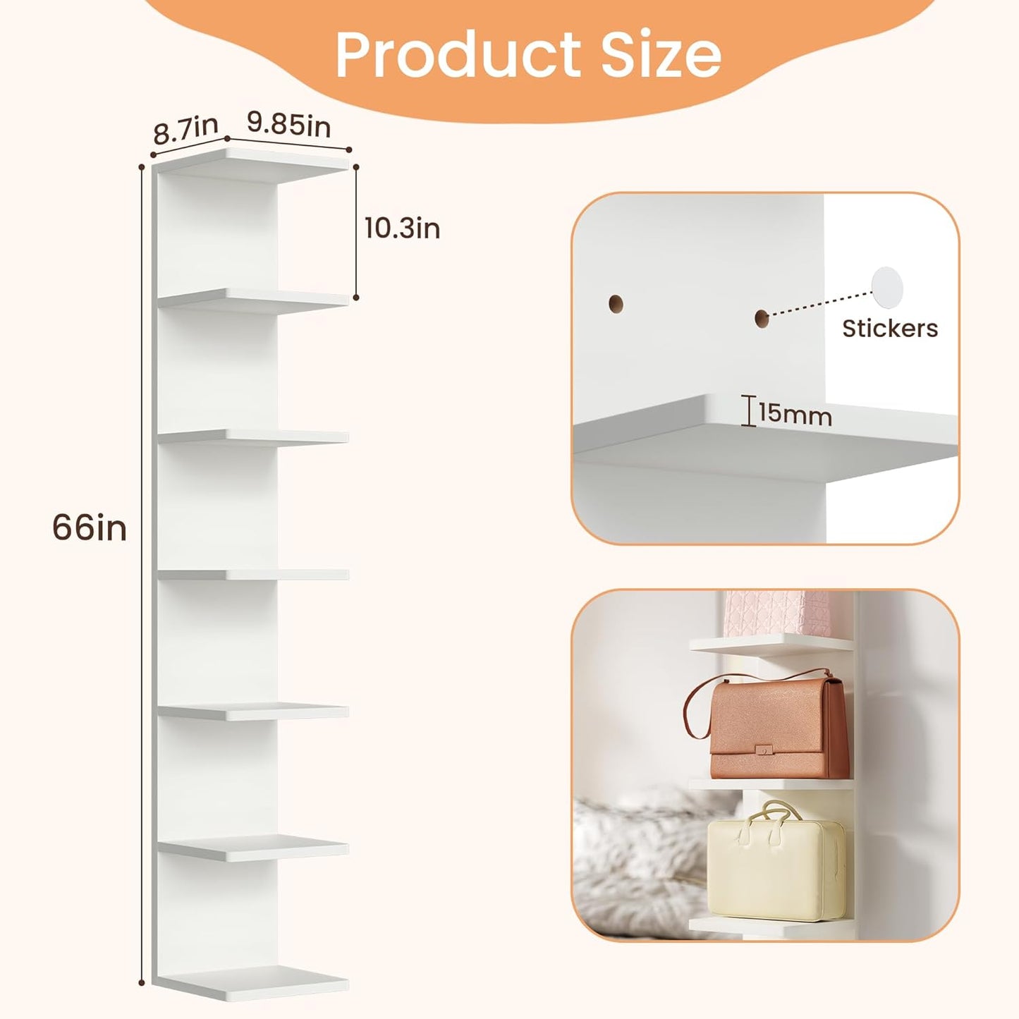 Upsimples 7-Tier Floating Wall Shelf - White Wall-Mounted Display & Storage for Home & Office