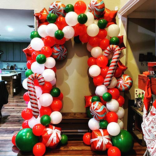 Christmas Balloon Garland Kit with Red White Candy Balloons, Gift Box & Stars