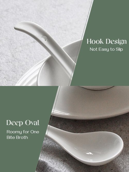 DOWAN Ceramic Soup Spoons - Large White Japanese Design for Ramen & Pho | Set of 4