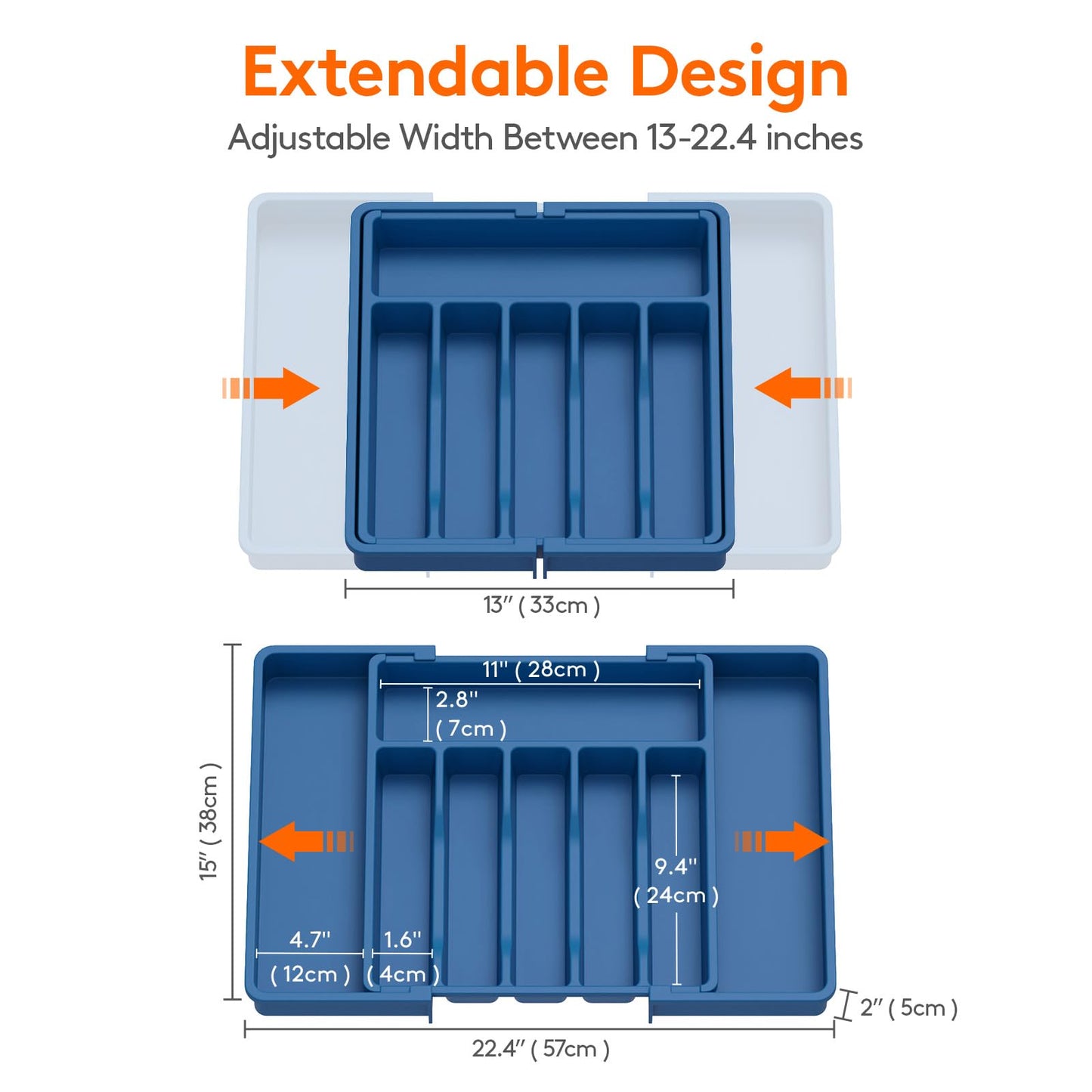 Lifewit Silverware Drawer Organizer, Expandable Utensil Tray for Kitchen, BPA Free Flatware and Cutlery Holder, Adjustable Plastic Storage for Spoons Forks Knives, 13-22 x 15", Dark Blue