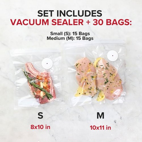 Chef Preserve Compact Vacuum Sealer - Powerful Handheld Food Saver with 30 Reusable Bags | Portable Design