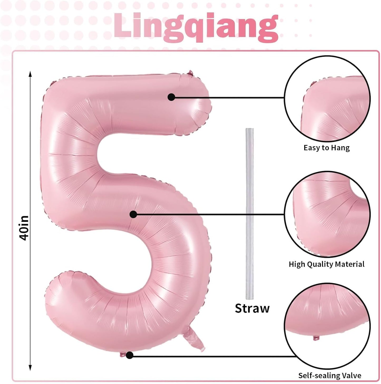Skiennix Large Light Pink Number 5 Balloon - 40 Inch Self-Inflating Foil Decoration for Birthdays & Anniversaries