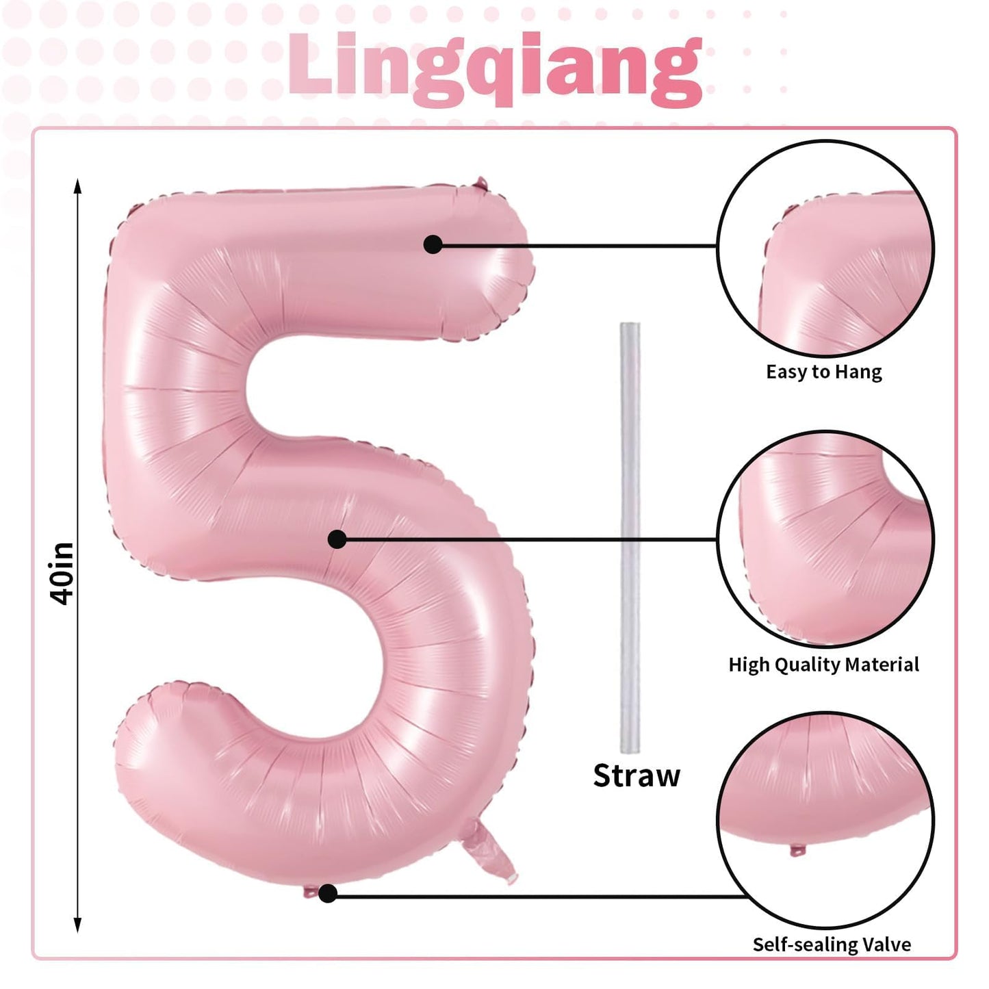 Light Pink Balloon Number 5, 40 Inch Large Self Inflating Foil Number Balloons 0-9, Pastel Pink Digital 5 Helium Balloon for 5th Girls Women Birthday Party Graduation Anniversary Decorations