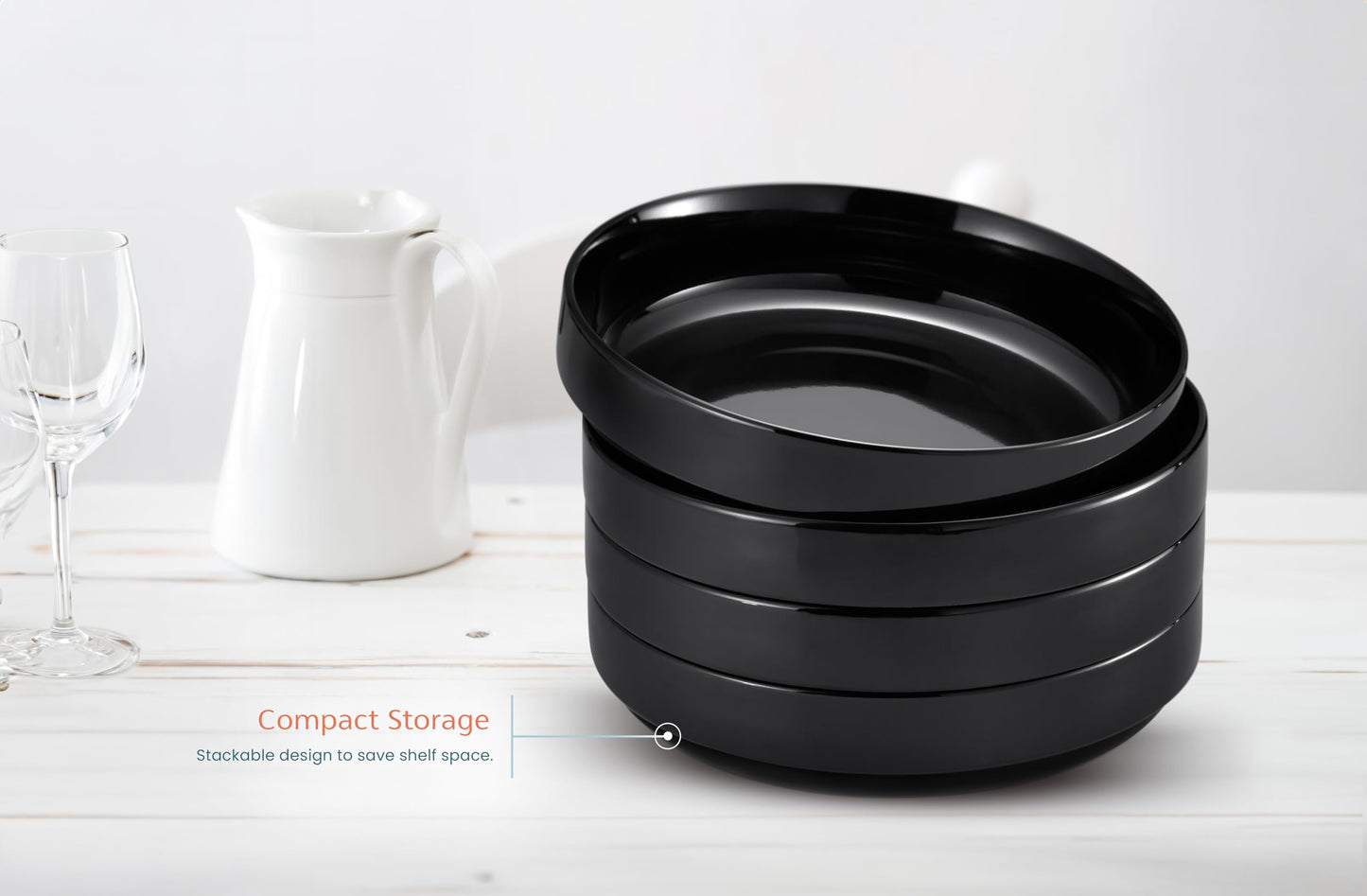 KooK Pasta Bowl, Bowl Plate, Low Bowl, Plate Bowls, Ceramic Large Shallow Bowls, Microwave and Dishwasher Safe, Great for Soups and Salads, Glossy Porcelain, 47 oz, Set of 4, Black