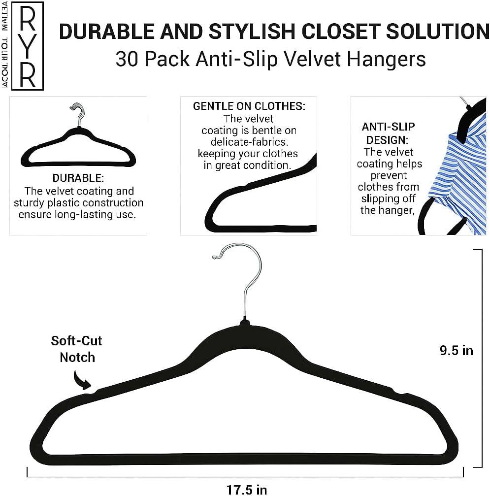 Skiennix Velvet Hangers - Non-Slip, Space-Saving Closet Organizers - Durable Soft-Touch Black Hangers for Clothes & Coats