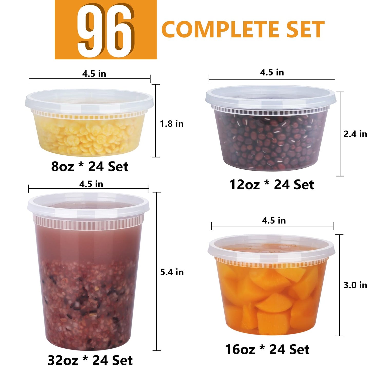 NESCCI 96 Pack (192-Piece) Deli Containers with Lids, 32/16/12/8 oz X 24 Set Each, Leak-Proof & BPA Free Airtight Takeout Plastic Food Storage Containers for Soup, Meal Prep, Microwave/Freezer Safe