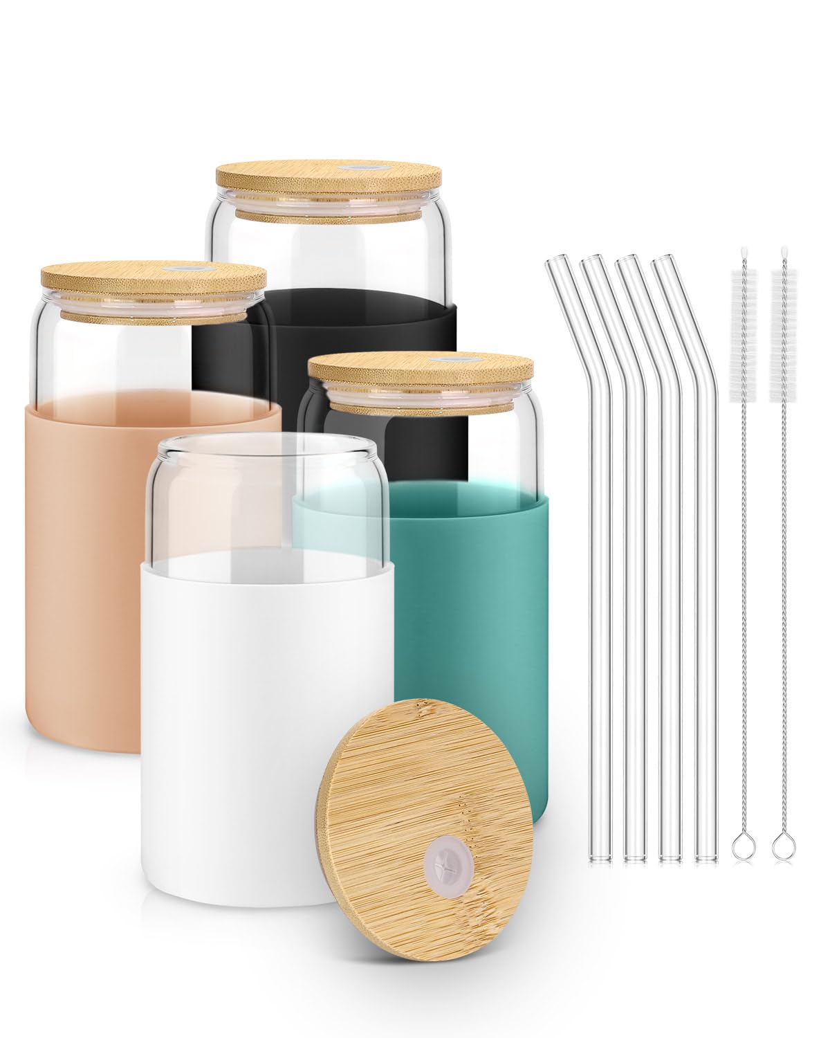 sungwoo Glass Cups with Lids and Straws, 4 Pack 16OZ Iced Coffee Cups with Silicone Sleeve, Glass Tumbler with Straw and Bamboo Lid, Home Essential Drinking Set for Juice, Cocktail and Latte 4 Colors