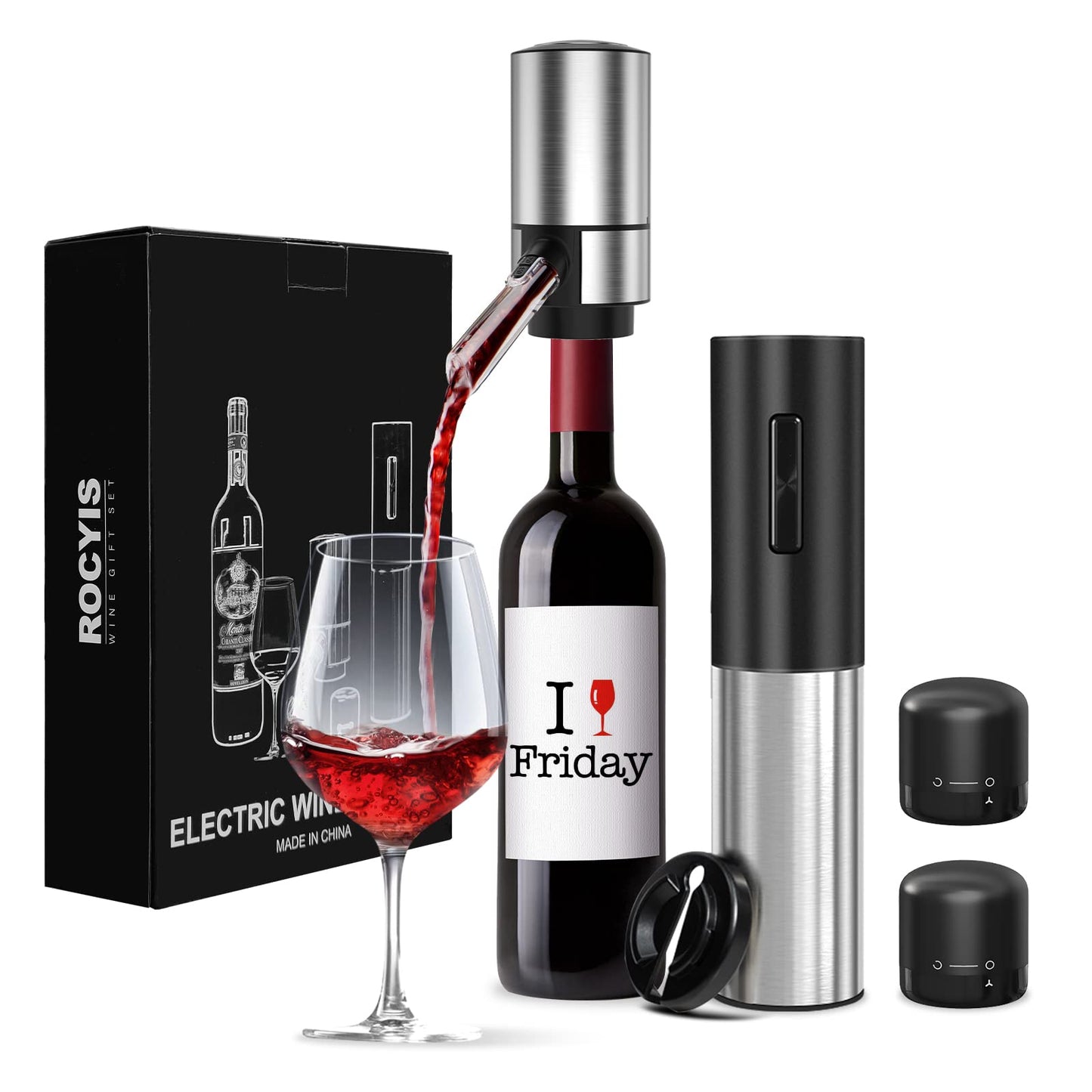 Rocyis Wine Gifts-Electric Wine Opener and Aerator Set-Wine Dispenser Battery Operated, Rechargeable Wine Bottle Opener & Pourer with Foil Cutter, Vacuum Stoppers