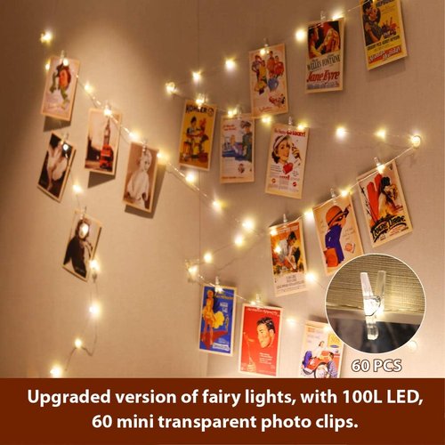 HXWEIYE Fairy Lights - 33Ft Warm White Photo Clips String Light with Timer & 8 Modes | 100 LEDs, 52 Clips, 12 Hooks