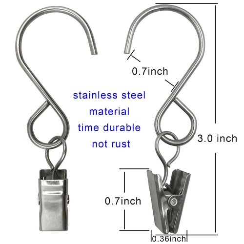 AMZSEVEN Stainless Steel S Hooks Curtain Clips, 50 Pack Hanging Party Lights Clips, Hangers Gutter Photo, Art Craft Display, 3 Inch Long, Silver