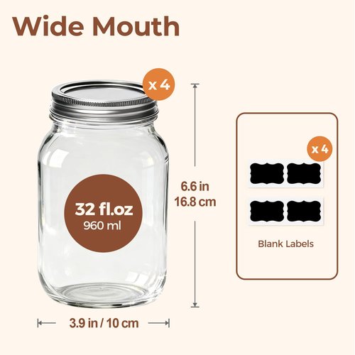 ComSaf Wide Mouth Mason Jars 32 oz with Lids 4 Pcs, Quart Mason Jars with Seal Band, Large Glass Jar, Big Canning Containers for Pickles, Jams, Sauces, Salsa, Sourdough, Juice, Suntea, Food Storage