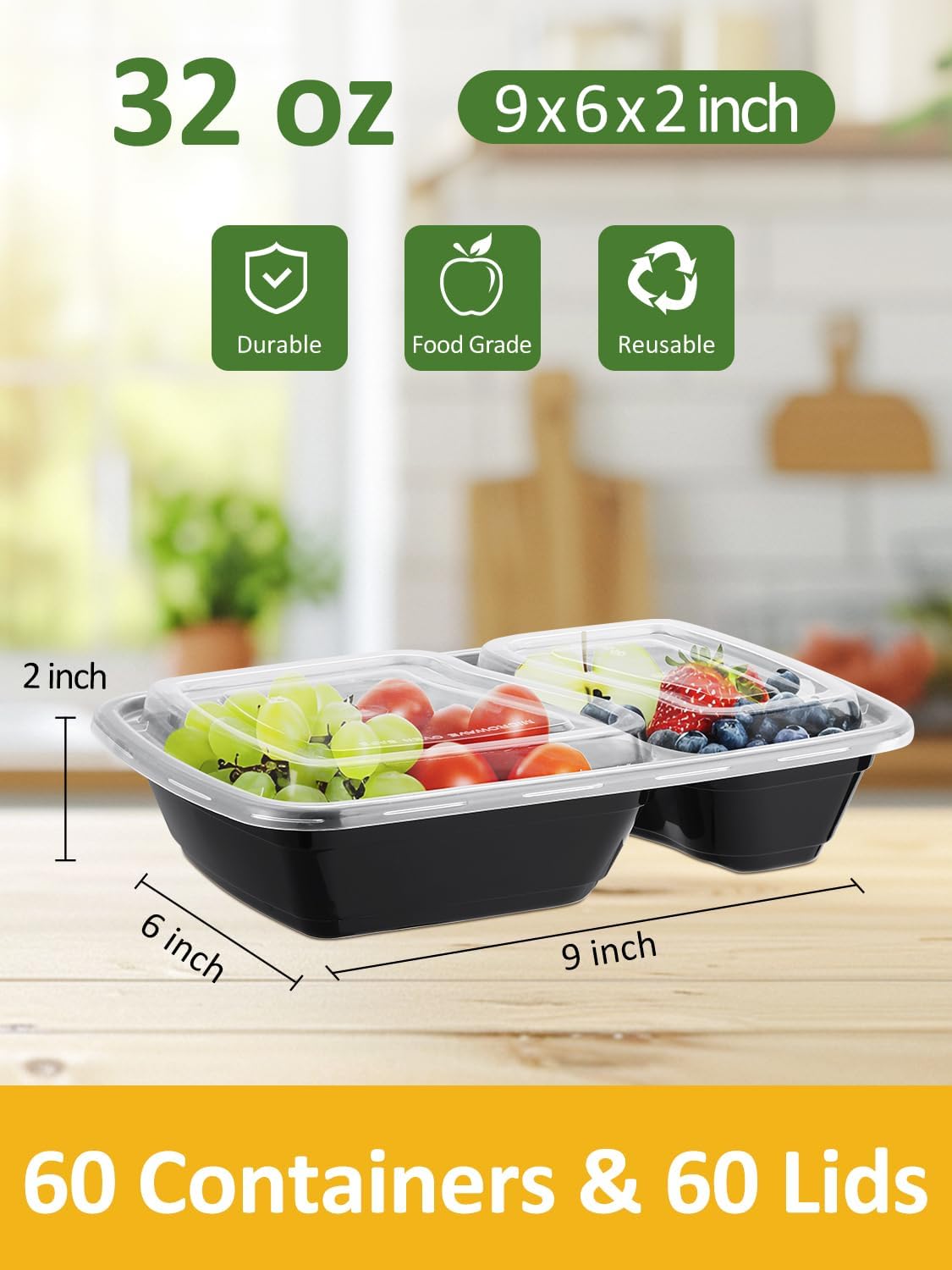 NEEBAKE 32oz Meal Prep Containers - 60 Sets of 2-Compartment Plastic Food Storage with Lids