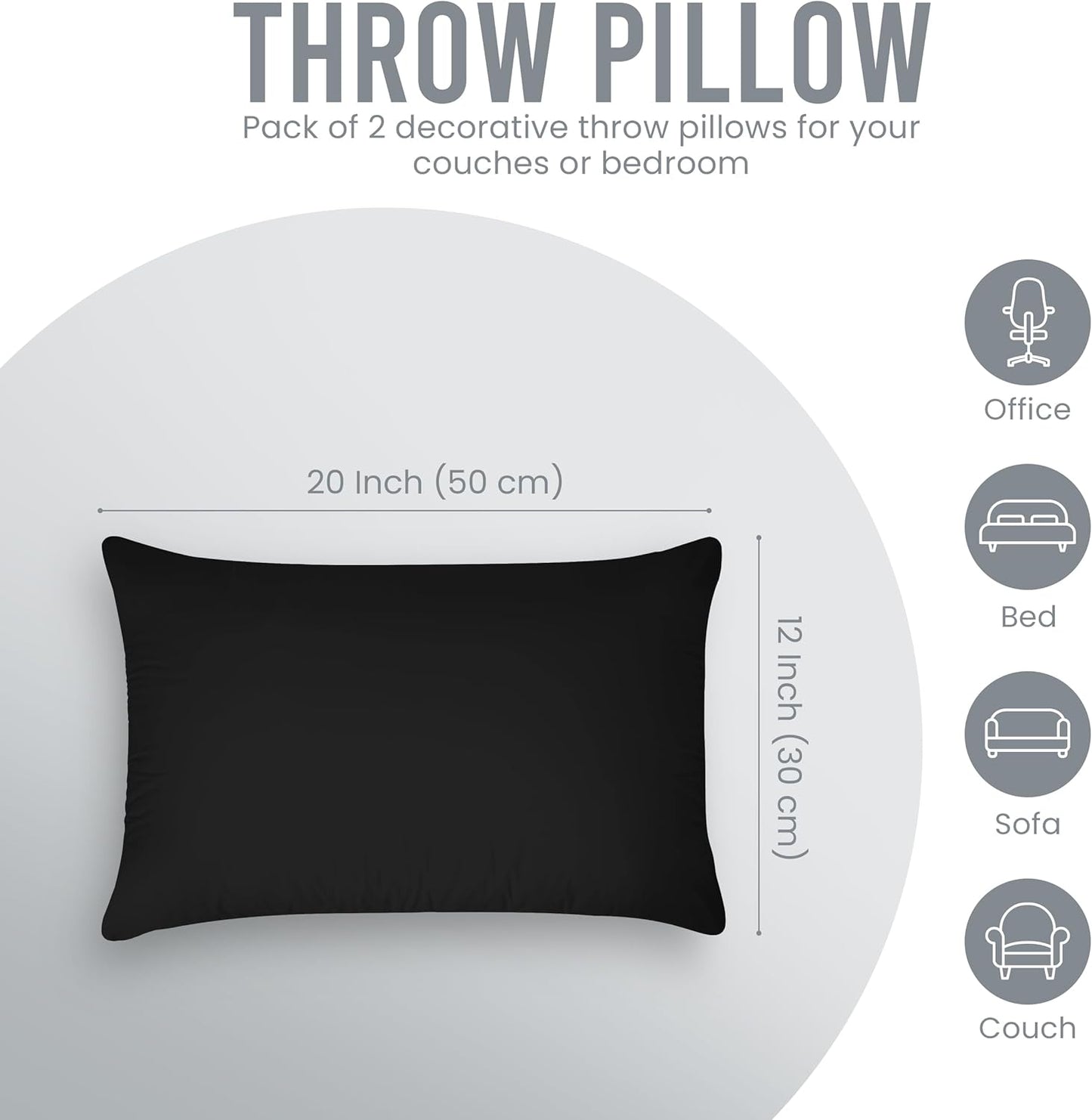 Utopia Bedding 12x20 Pillow Inserts - Set of 2 Black Decorative Throw Pillows for Sofa & Couch - Soft & Fluffy Cushions