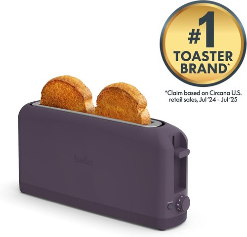 Bella 2 Slice Slim Toaster - 10” Long Slot with 6 Shade Settings, Reheat & Cancel Buttons, Plum