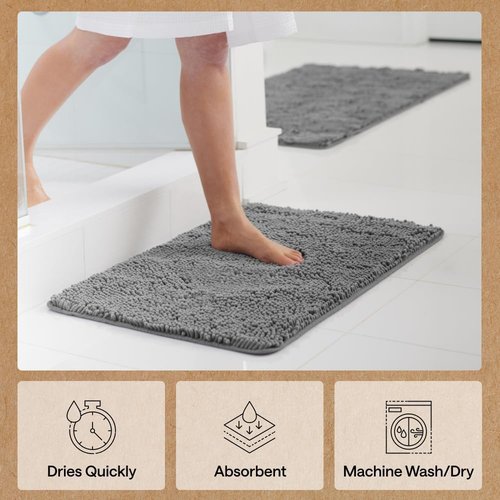 GORILLA GRIP Bath Rug Mat - Soft Absorbent Chenille | Quick-Dry Microfiber, 48x24, Grey