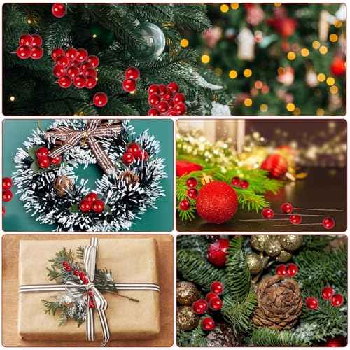 DIYASY 240 Pcs Artificial Holly Berries, Mini 10 mm Christmas Fake Berries with Wire Stems Xmas Red Berry Stems Picks for Christmas Tree Decorations Wreath Craft Wedding Party Decor