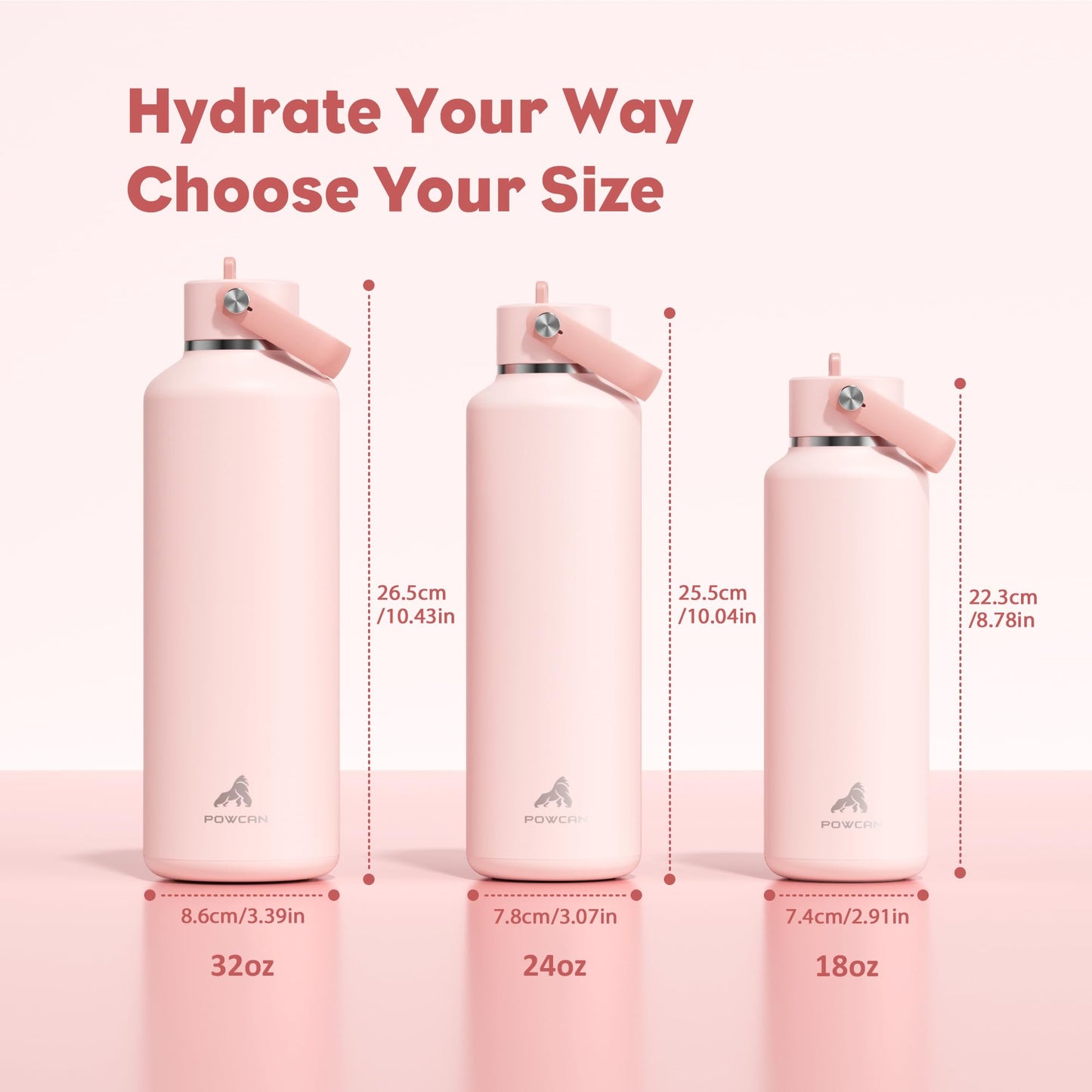 POWCAN 24 oz Water Bottle Insulated: Leakproof, Keep Cold 24H, Car Cupholder Friendly, Top Handle, Lightweight, Metal Water Bottle with Straw for Outdoors, Trip, Fitness, Gift, Running (Cotton Candy)