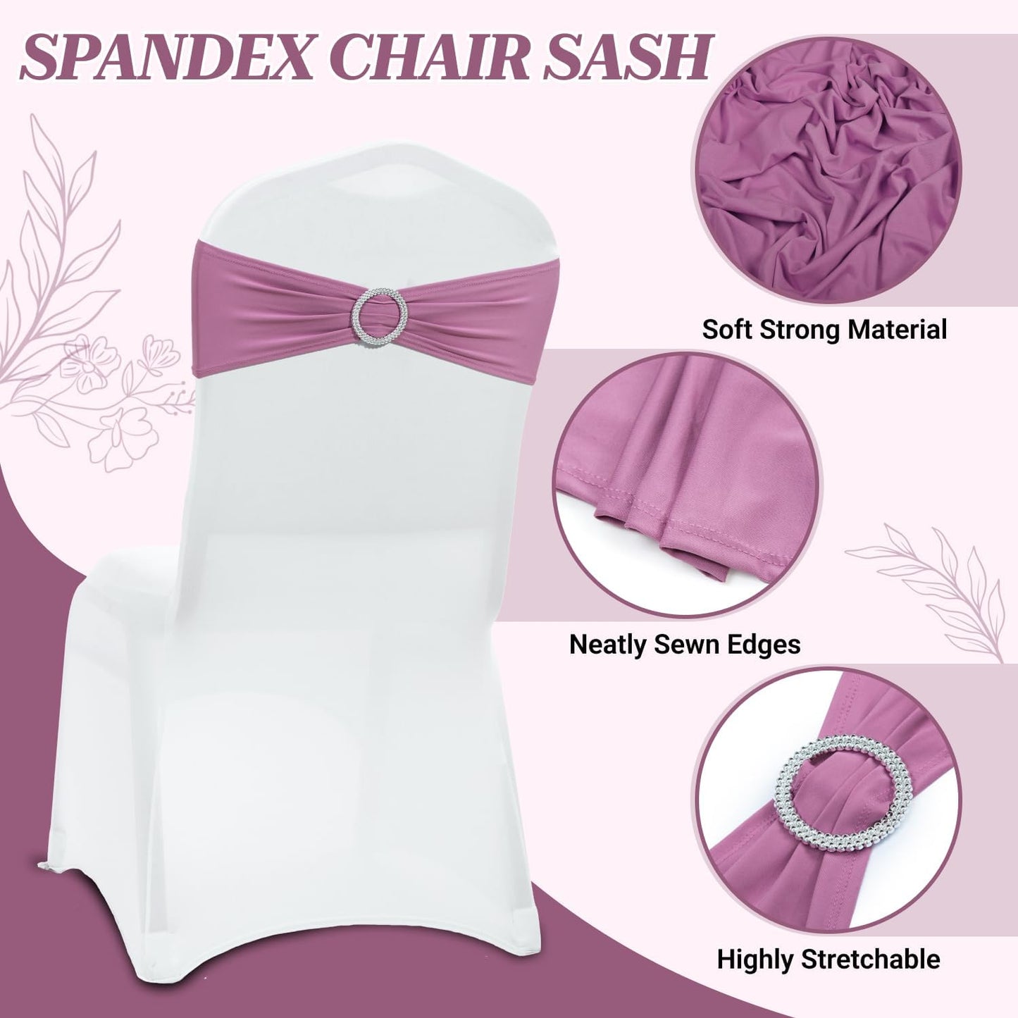 MDS Premium Spandex Chair Sashes - Stretchy Bow Covers with Buckle Slider | Fits Universal Dining Chairs - Dusty Pink (Pack of 50)