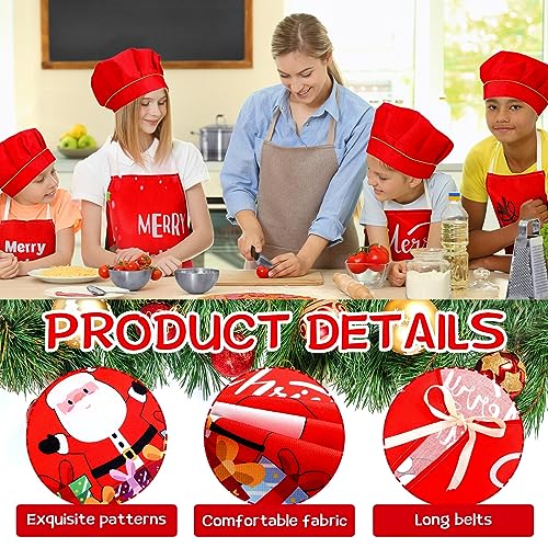 Hoolerry 4 Set Christmas Kids Apron and Chef Hat Boys Girls Red Aprons Hats Snowman Deer Elf Santa Apron for Kitchen Baking Cooking Kitchen Painting Wear(Vivid)