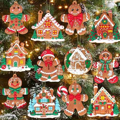 12Pcs Gingerbread Ornaments for Christmas Tree Decorations, Plastic Gingerbread Christmas Decoration and Gingerbreads House Ornaments for Holiday Christmas Tree Hanging Decorations