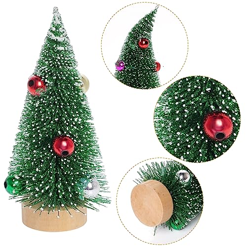 Yookat 12Pcs Mini Green Christmas Trees with Beads & Snow Frost, Sisal & Bottle Brush