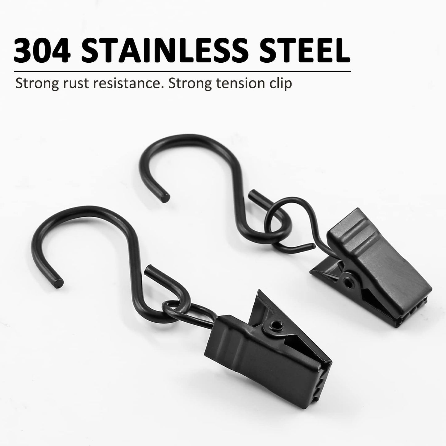 Unlorspy 50 Pack Stainless Steel S Hanging Hooks with Clips, 2.4 Inch Long Curtain Clips with S Hooks for Hanging Party String Lights, Home, Garage, Party, Patio, Camp and More (Black)