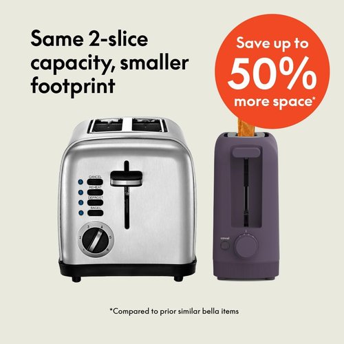 Bella 2 Slice Slim Toaster - 10” Long Slot with 6 Shade Settings, Reheat & Cancel Buttons, Plum