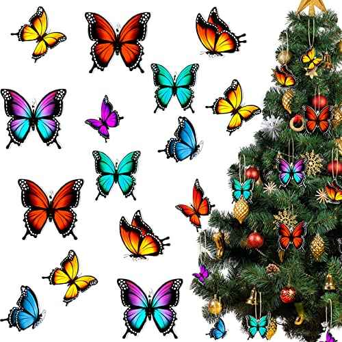 Bucherry 48 Pcs Christmas Butterfly Ornaments Xmas Tree Decor Hanging Wooden Monarch Butterfly with Rope Hanging Ceiling Decoration for Christmas Tree Birthday Wedding Home Wall DIY Art Craft