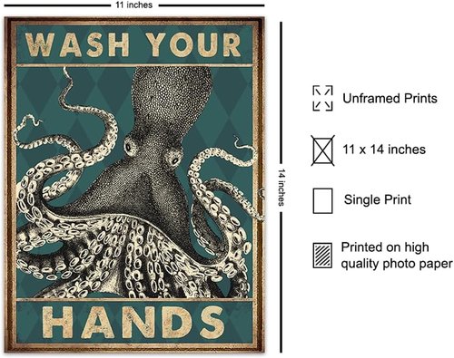 Beach Coastal Nautical Bathroom Wall Art - Octopus Wash Your Hands Sign | 11x14 Cute Decor