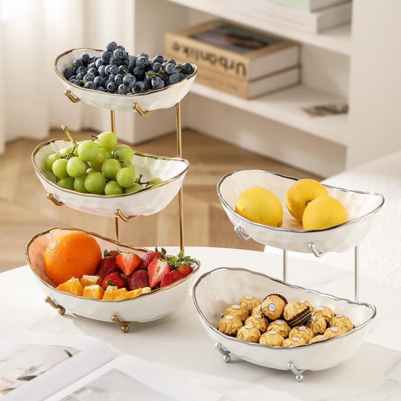 White 3-Tier Fruit Bowl with Gold Metal Stand - Modern Ceramic Fruit Rack - Variation: White A