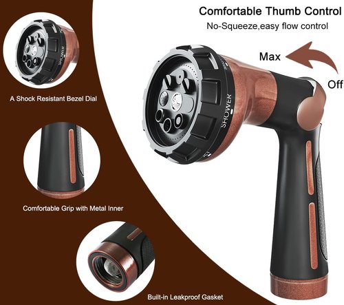 FANHAO Heavy Duty Metal Garden Hose Nozzle - 8 Spray Patterns with Thumb Control | Brown