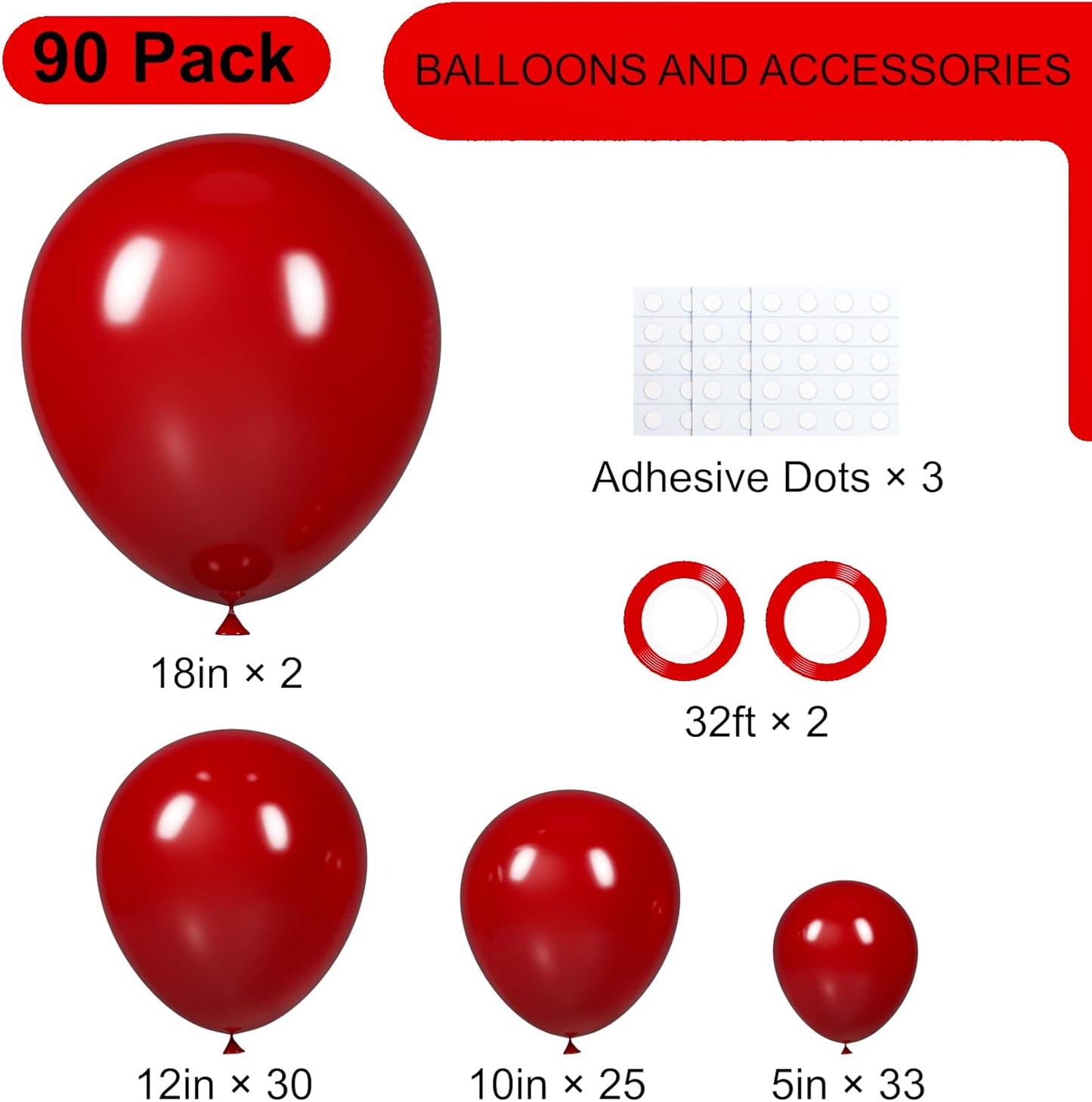 Voircoloria Ruby Balloon Garland Arch Kit - 90 Pack in 18/12/10/5 Inch Sizes for Weddings, Birthdays & Anniversaries
