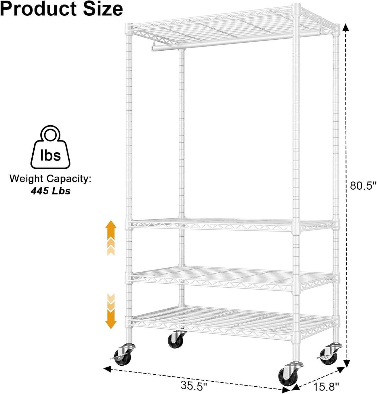 ULIFHOME P9 Heavy Duty Rolling Clothes Rack - 4-Tier Portable Garment Rack with Wheels | 35.5" L x 15.8" W x 80.5" H, Max Load 445 LBS, White