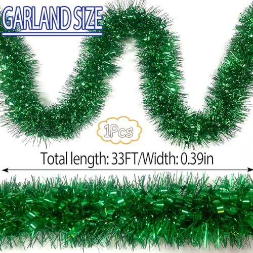 Wuhetyo Green 33Ft Christmas Tinsel Garland Shiny Metallic Xmas Decor