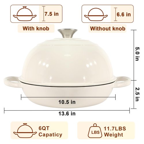 AHJ 6QT Dutch Oven For Bread Baking, Enameled Cast Iron Dutch Oven Pot with Lid, Multi-Functional Bread pan, Sourdough Baking Supplies with Proofing Basket, Cast Iron Bread Oven, Silicone Sling & Gloves.