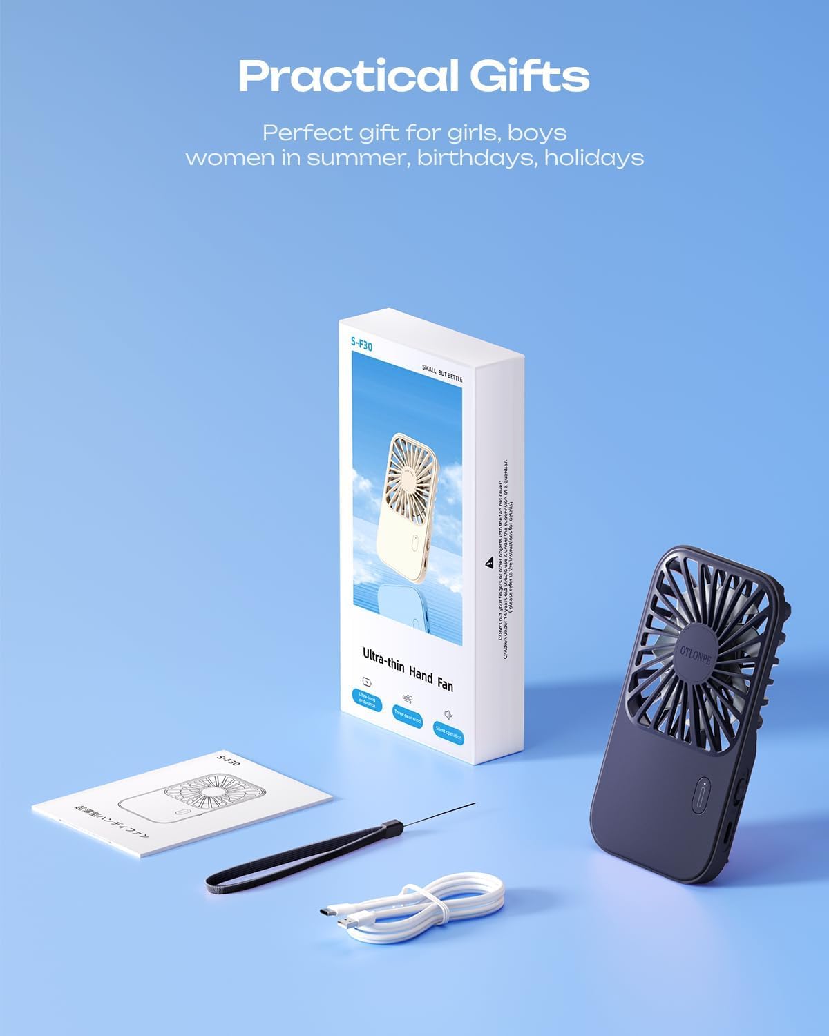 Otlonpe Rechargeable Mini Handheld Fan - Portable Battery-Powered Design | 3-Speed, Foldable Stand, Blue