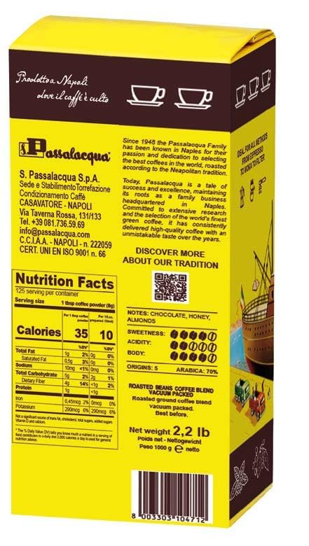 Passalacqua Cremador Whole Bean Coffee 70% Arabica 1kg - Medium/Dark Roast - Pack of 1
