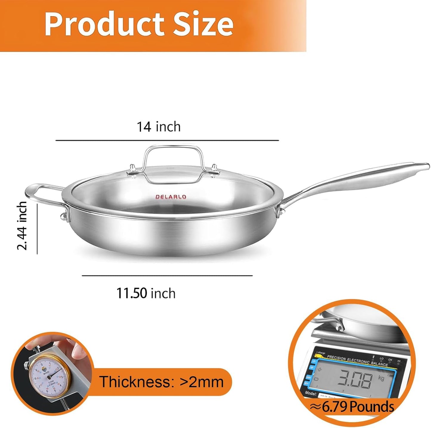 DELARLO Stainless Steel Pan 14-Inch, Large Frying Pan with Lid, Heavy Duty, Compatible with Induction, Gas and Electric up to 650℉, Fast & Even Heating, Dishwasher, Oven Safe Skillet, PTFE & PFOA Free