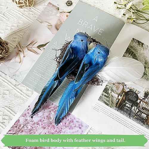 LWINGFLYER 2pcs Blue Birds Christmas Tree Decorations Clip on Ornaments 8-Inch Artificial Simulation Foam Bird Sparrow for Crafts Wedding Decor Party Accessories