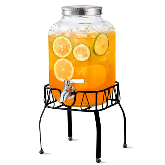 1 Gallon Glass Beverage Dispenser with Stand, Stainless Steel Spigot and Lid, Glass Drink Dispensers for Parties, Drink Dispensers with Lids for Lemonade Sun Tea Mason Jar