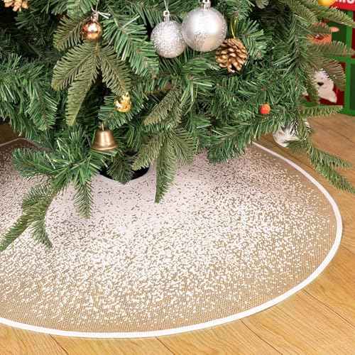 MACTING Christmas Tree Skirt 23 Inch Small Tree Skirt with Glitter Snowcapped Printed Mini Burlap Tree Mat Cover for Christmas Holiday Party Home Indoor Xmas Decorations