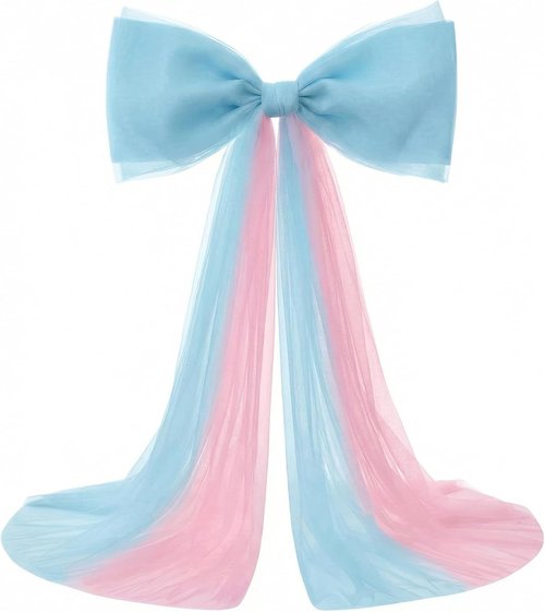 Canlierr Extra Large Organza Bow Decorations - Giant Pink & Blue Tulle Bow with Long Ribbon Tails | 39 x 59 Inch for Weddings & Parties