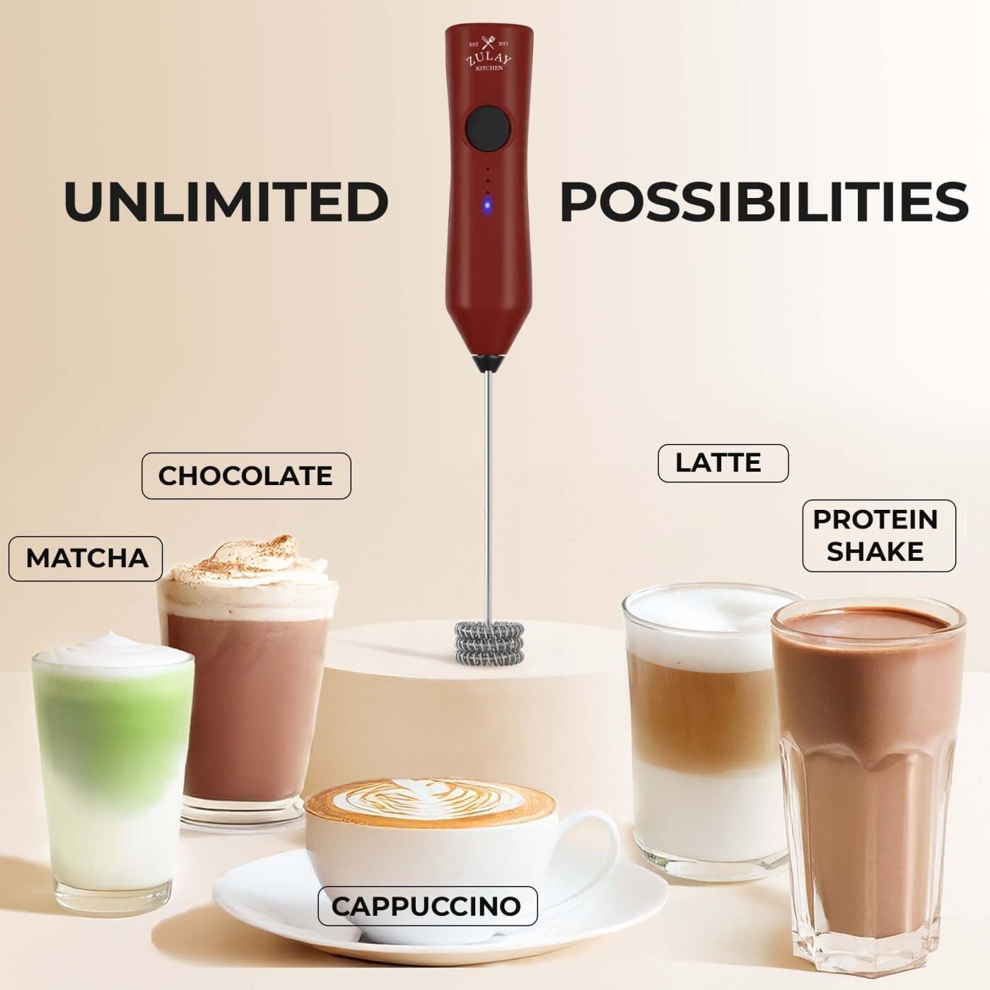 Zulay Kitchen Rechargeable Milk Frother - 3 Speeds & 3 Whisk Attachments - USB Charging for Lattes & Cappuccinos - Red/Black