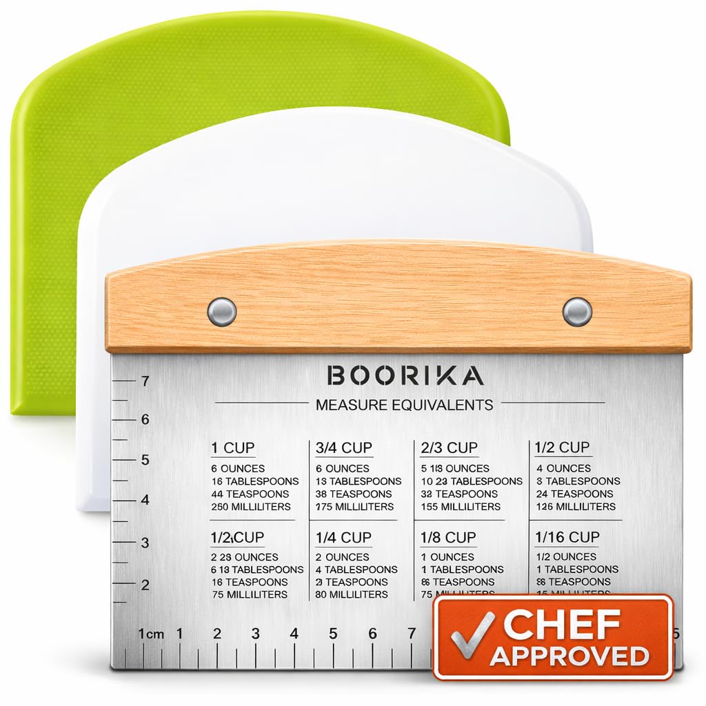 BOORIKA Dough Scraper & Bench Scraper Kitchen – Stainless Steel Sourdough Tools – Dough Cutter for Sourdough Bread, Pizza, and Flat Top Griddles – Chef Approved (Light)