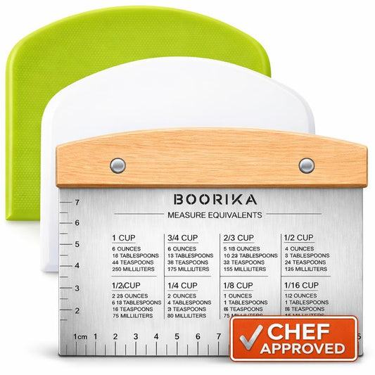 BOORIKA Dough Scraper & Bench Scraper Kitchen – Stainless Steel Sourdough Tools – Dough Cutter for Sourdough Bread, Pizza, and Flat Top Griddles – Chef Approved (Light)